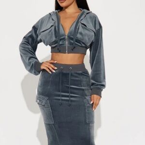 FASHION NOVA Blue Velvet Cargo Skirt Set | Cropped Hoodie & Maxi Skirt | Size M